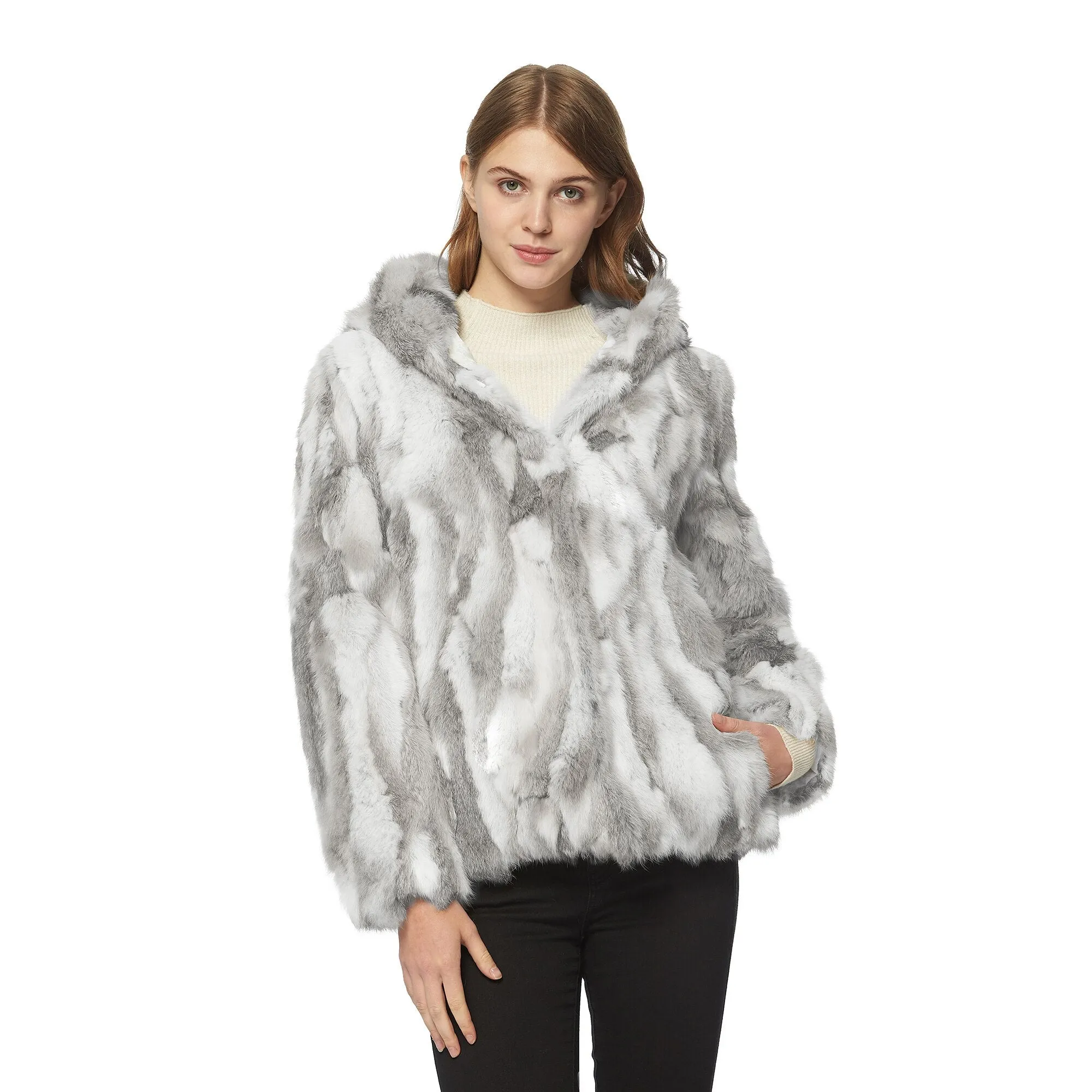 Women's Genuine Rabbit Fur Coat Fuzzy Warm Fur Jacket Winter Outware 151249H